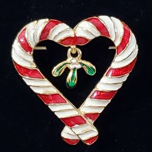 Vtg Pretty Christmas Candy Cane Heart Brooch 1-1/4